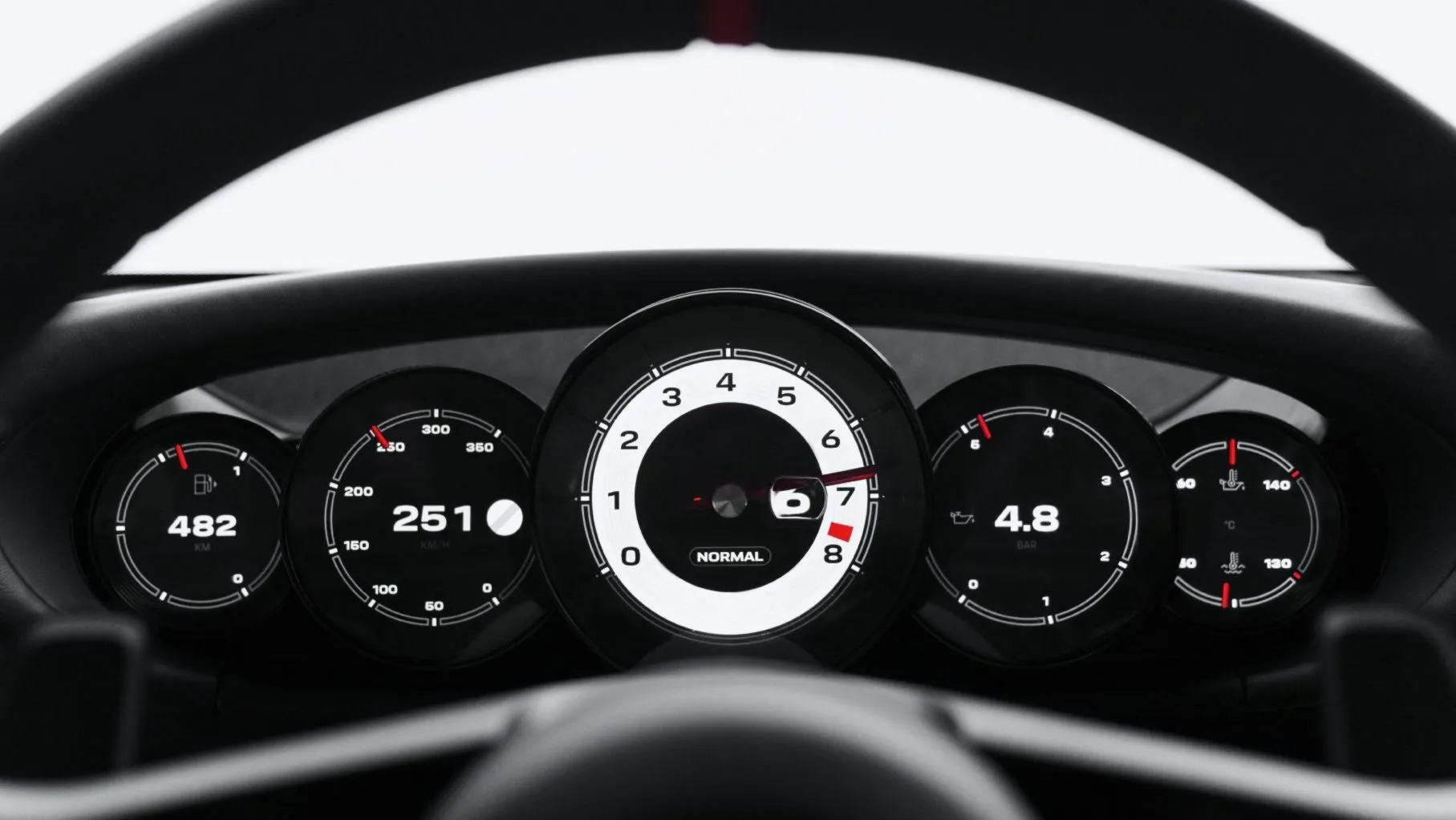 У Porsche Mission S аналоговая стрелка тахометра, потому что цифровой детокс теперь — это роскошь
